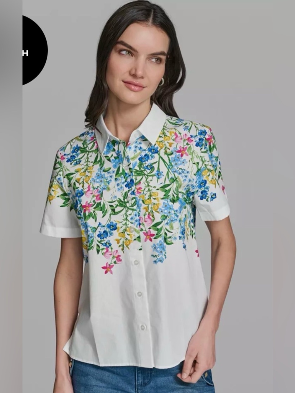 New KARL LAGERFELD PARIS Women's Short-Sleeve Multi Floral Poplin Shirt, Small